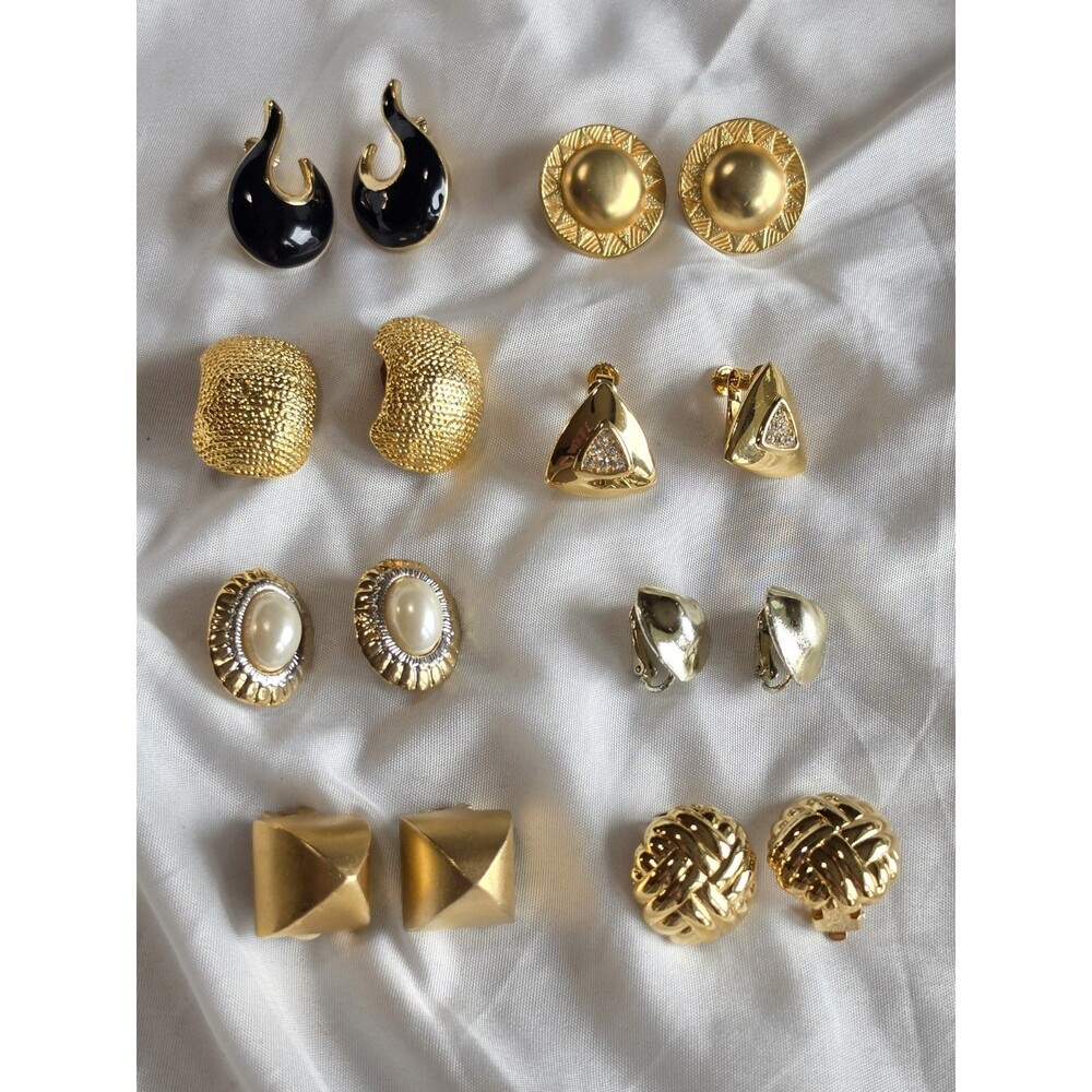 Vintage Clip On Earrings Lot 8 Pairs Gold Tone Black Enamel Pearl Rhinestone 80s